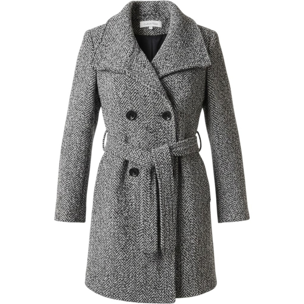 Calvin Klein Womens Herringbone Double Breasted Belted Pea Coat Black White 2